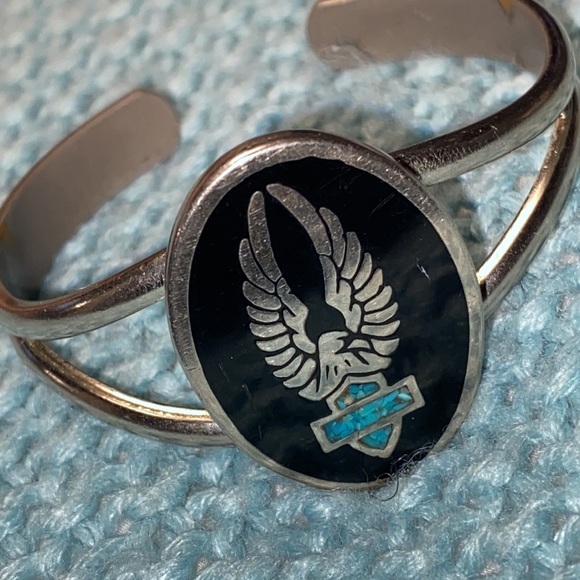 Host Pick Sterling Silver w Turquoise & Onyx Inlay Harley Davidson Cuff Bracelet - Picture 8 of 8